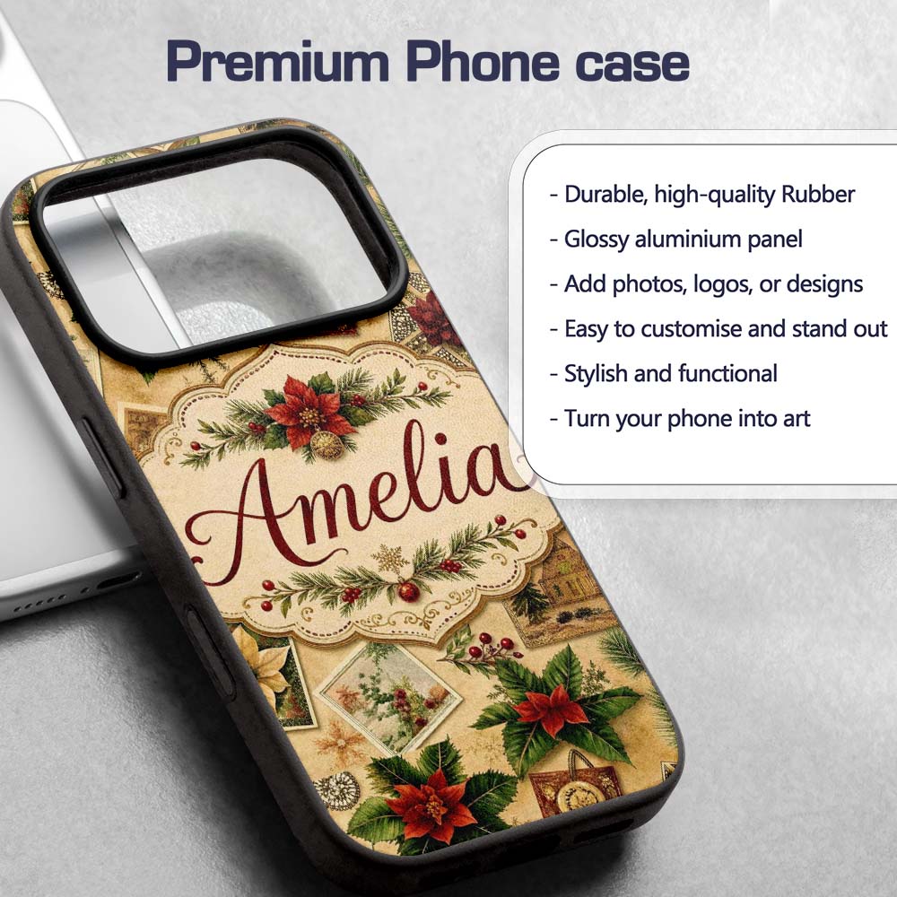 Classic Christmas Botanical Elements with Holly Custom Name Protective Phone Case Mobile Cover Durable Everyday Smartphone Shock Resistant