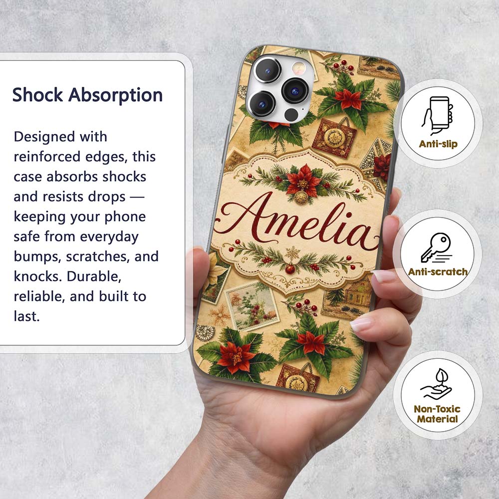 Classic Christmas Botanical Elements with Holly Custom Name Protective Phone Case Mobile Cover Durable Everyday Smartphone Shock Resistant