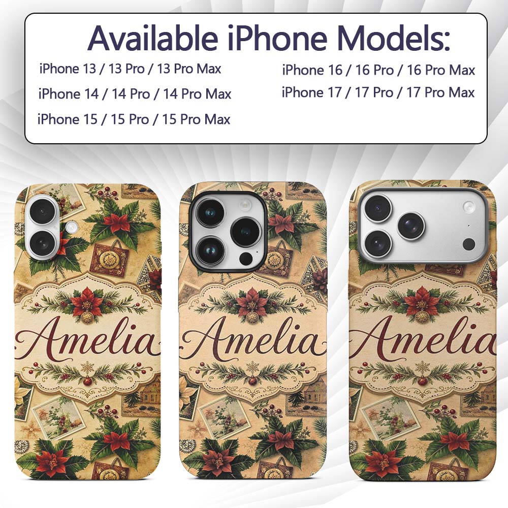 Classic Christmas Botanical Elements with Holly Custom Name Protective Phone Case Mobile Cover Durable Everyday Smartphone Shock Resistant