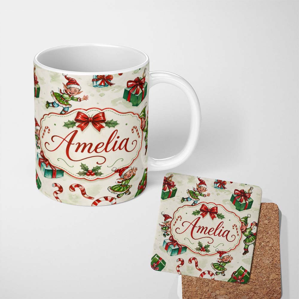 Personalized Custom Name Cute Christmas Elf Gift Candy Cane Festive Seamless Pattern Lovely 11oz Ceramic Coffee Tea Mug White Large Handle