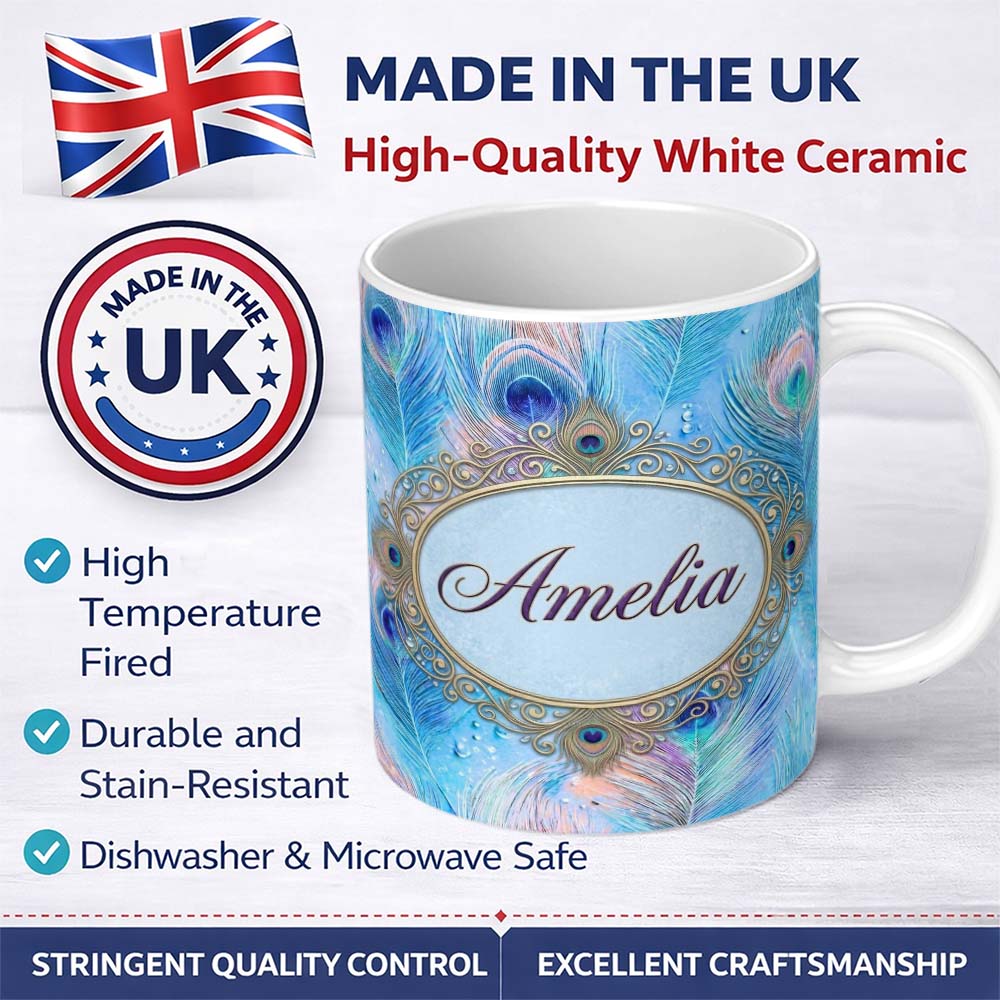 Personalized Custom Name Peacock Feather Iridescent Blue Watercolor Seamless Pattern Lovely 11oz Ceramic Coffee Tea Mug White Large Handle