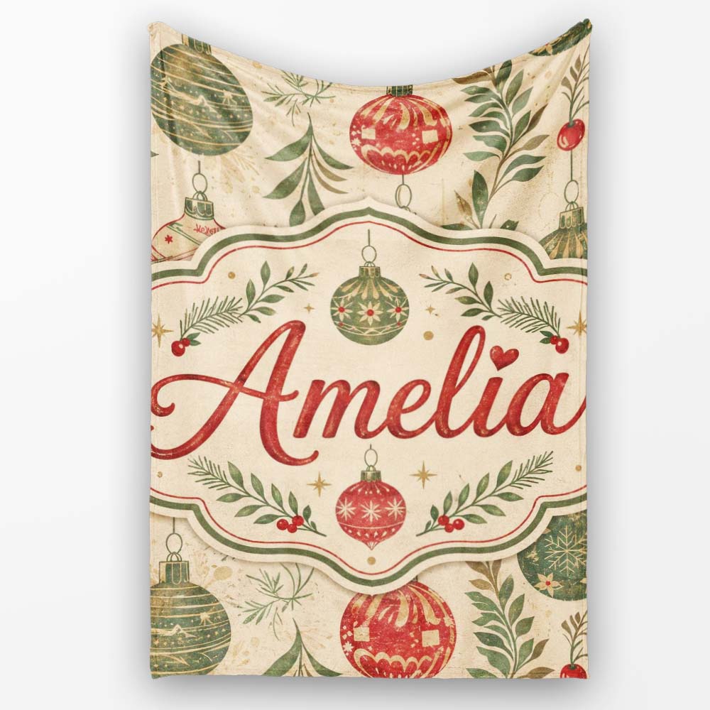 Elegant Christmas Holly Leaves with Berries and Snowflakes Seamless Personalised Custom Name Super Soft Fleece Blanket Bed Sofa Throw