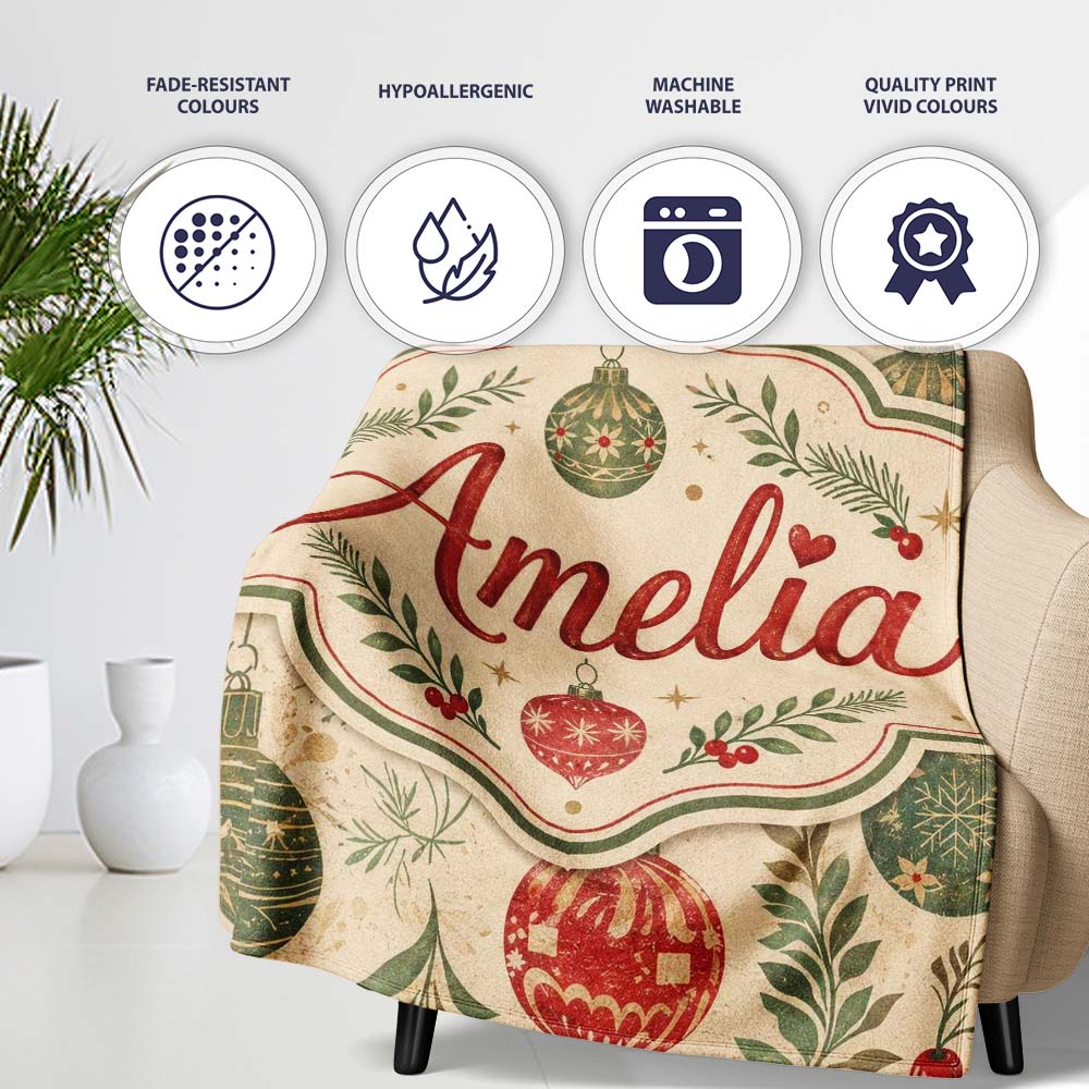 Elegant Christmas Holly Leaves with Berries and Snowflakes Seamless Personalised Custom Name Super Soft Fleece Blanket Bed Sofa Throw