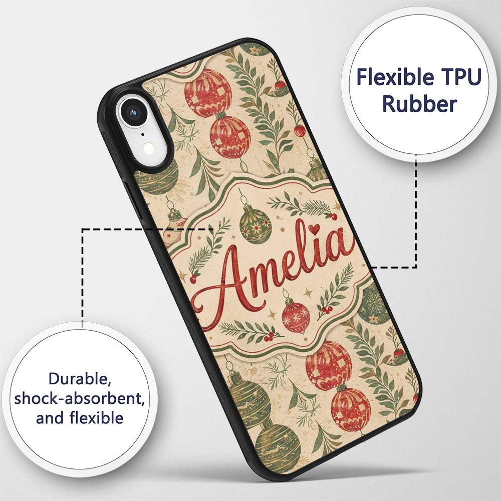 Elegant Christmas Holly Leaves with Berries and Custom Name Protective Phone Case Mobile Cover Durable Everyday Smartphone Shock Resistant