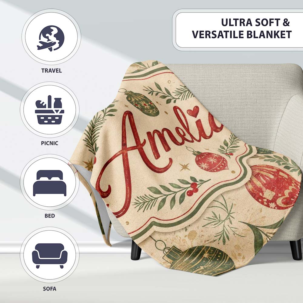Elegant Christmas Holly Leaves with Berries and Snowflakes Seamless Personalised Custom Name Super Soft Fleece Blanket Bed Sofa Throw