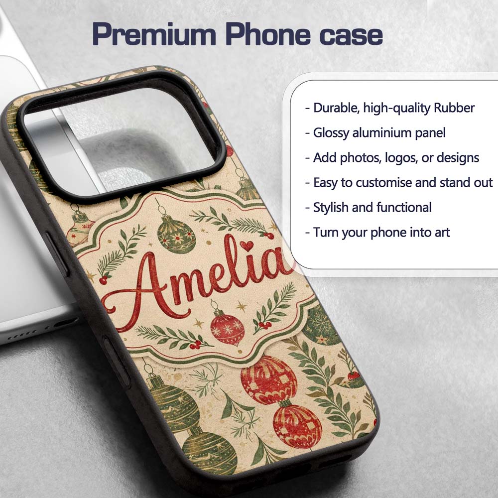 Elegant Christmas Holly Leaves with Berries and Custom Name Protective Phone Case Mobile Cover Durable Everyday Smartphone Shock Resistant