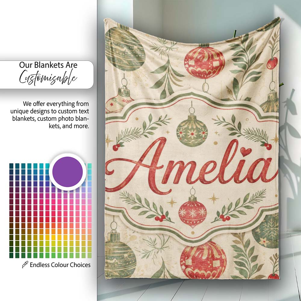 Elegant Christmas Holly Leaves with Berries and Snowflakes Seamless Personalised Custom Name Super Soft Fleece Blanket Bed Sofa Throw