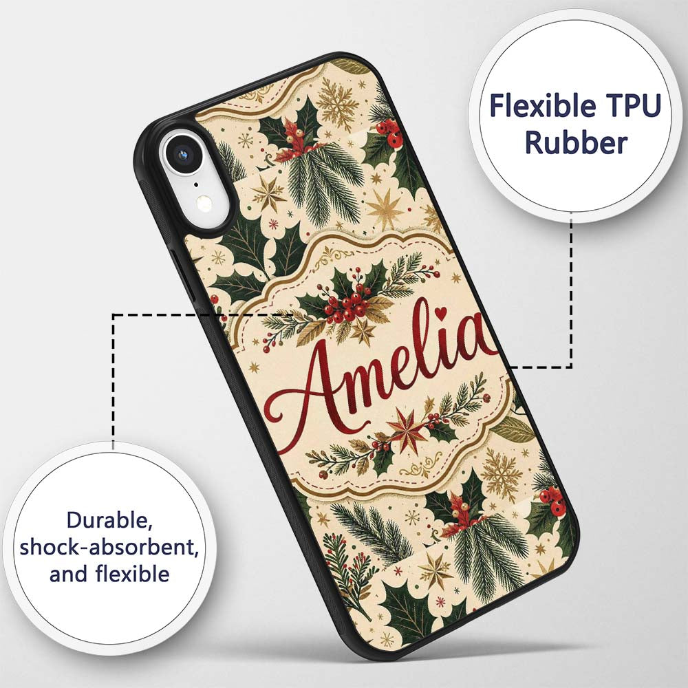 Festive Christmas Collage with Vintage Cards Bows Custom Name Protective Phone Case Mobile Cover Durable Everyday Smartphone Shock Resistant