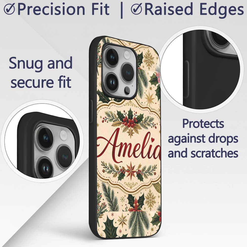 Festive Christmas Collage with Vintage Cards Bows Custom Name Protective Phone Case Mobile Cover Durable Everyday Smartphone Shock Resistant