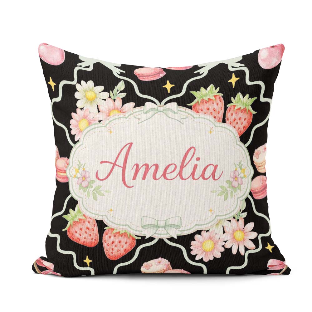 Custom Name Strawberry Cherry Daisy White Pastel Coquette Floral Square Filled Cushion Throw Pillow Sofa Bed Home Decor Zip Washable UK Made