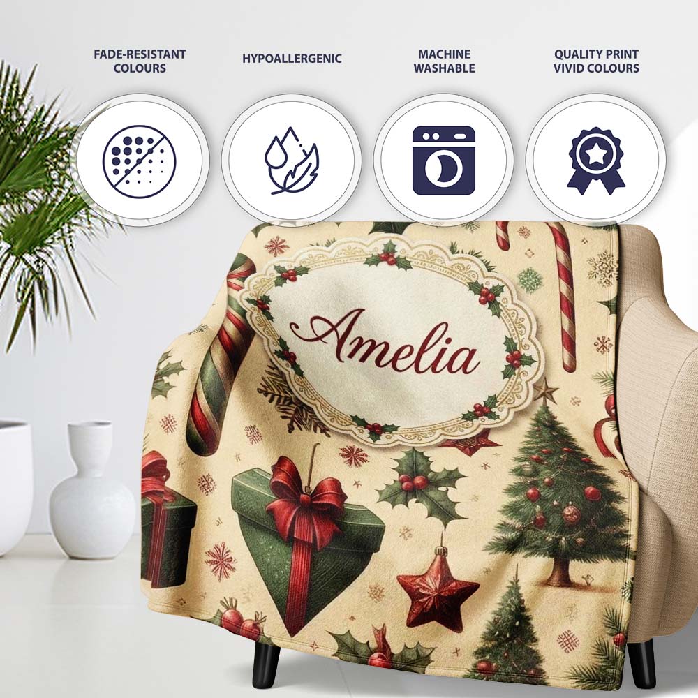Vintage Christmas Ornaments Candy Canes Holly Berries and Festive Personalised Custom Name Super Soft Fleece Blanket Bed Sofa Throw