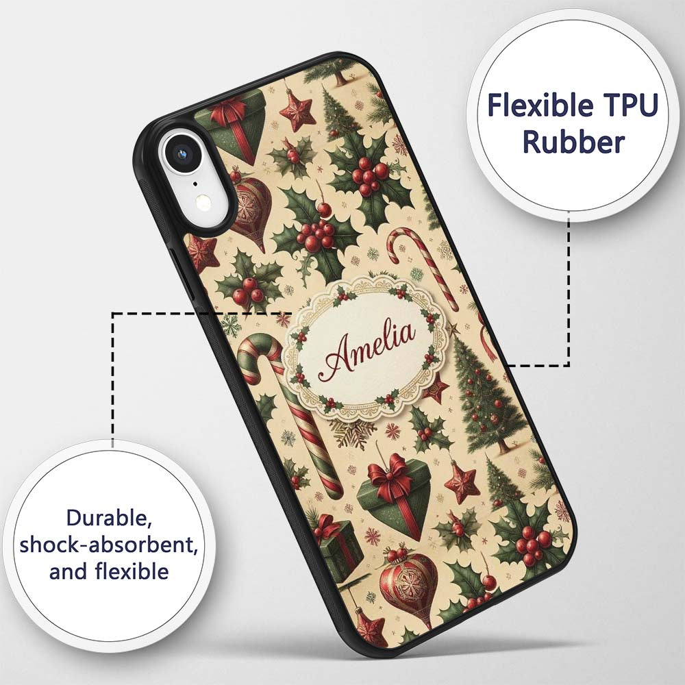 Vintage Christmas Ornaments Candy Canes Holly Custom Name Protective Phone Case Mobile Cover Durable Everyday Smartphone Shock Resistant