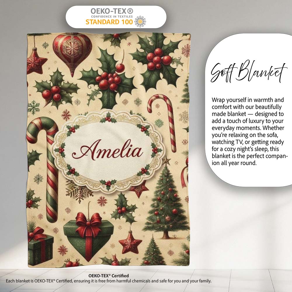 Vintage Christmas Ornaments Candy Canes Holly Berries and Festive Personalised Custom Name Super Soft Fleece Blanket Bed Sofa Throw