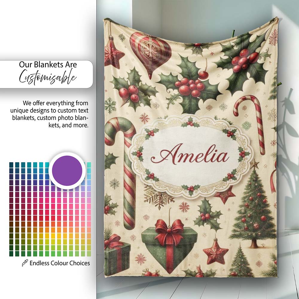 Vintage Christmas Ornaments Candy Canes Holly Berries and Festive Personalised Custom Name Super Soft Fleece Blanket Bed Sofa Throw