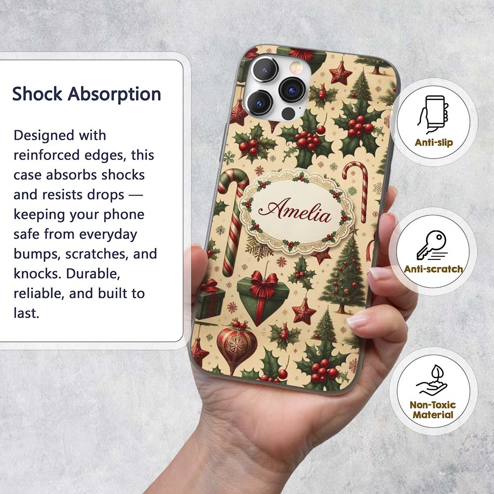 Vintage Christmas Ornaments Candy Canes Holly Custom Name Protective Phone Case Mobile Cover Durable Everyday Smartphone Shock Resistant