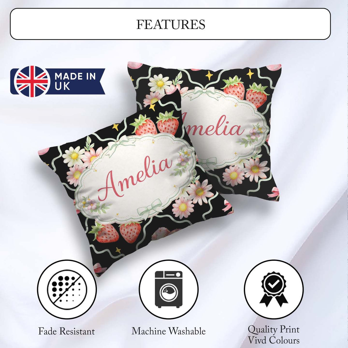 Custom Name Strawberry Cherry Daisy White Pastel Coquette Floral Square Filled Cushion Throw Pillow Sofa Bed Home Decor Zip Washable UK Made