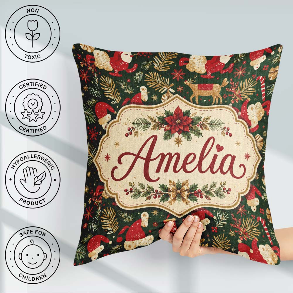 Custom Name Christmas Santa Reindeer Gifts and Elements Seamless Square Filled Cushion Throw Pillow Sofa Bed Home Decor Zip Washable UK Made