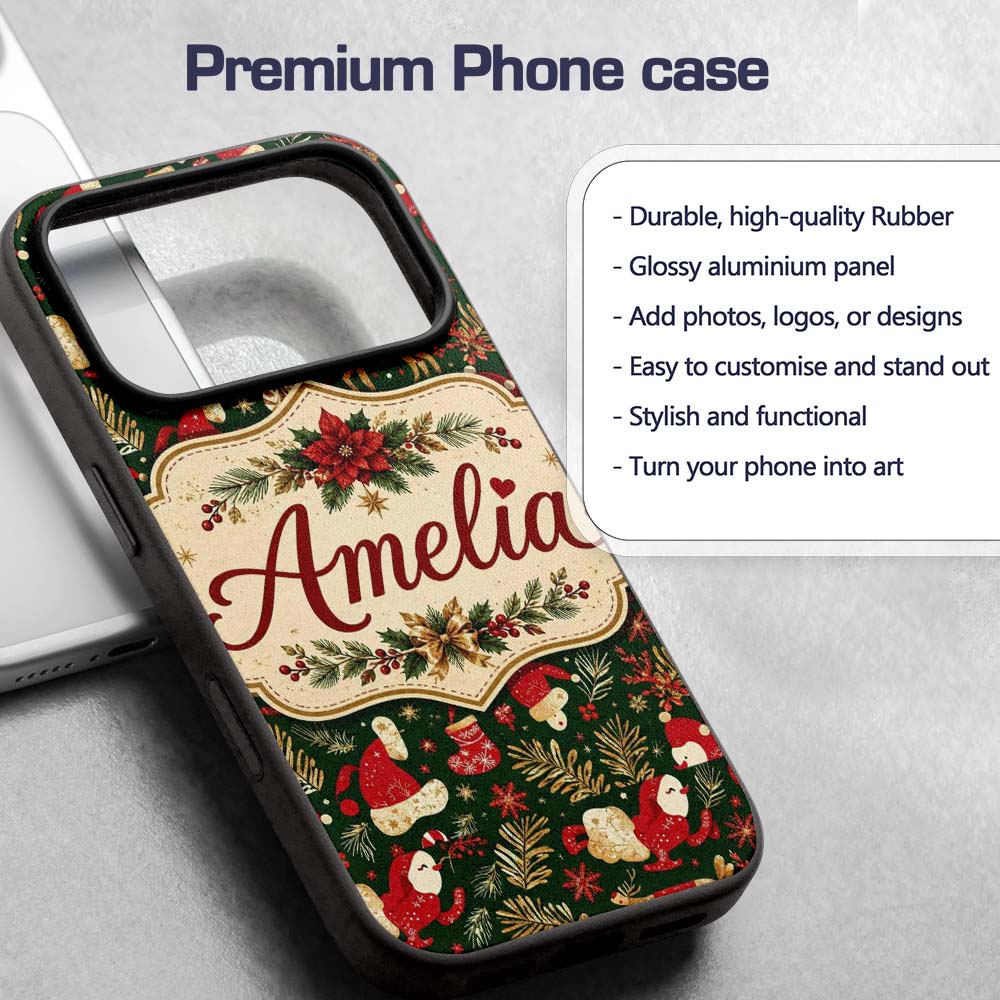 Cute Christmas Santa Reindeer Gifts and Holiday Custom Name Protective Phone Case Mobile Cover Durable Everyday Smartphone Shock Resistant
