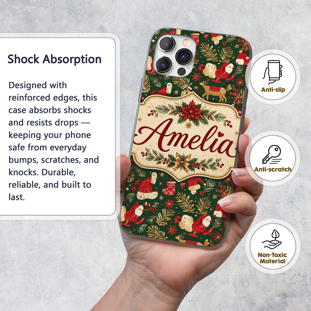 Cute Christmas Santa Reindeer Gifts and Holiday Custom Name Protective Phone Case Mobile Cover Durable Everyday Smartphone Shock Resistant