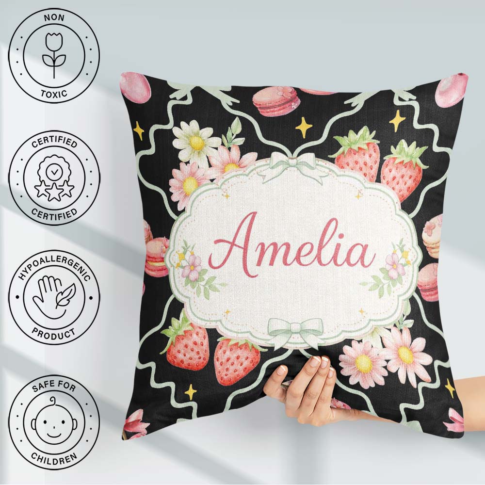 Custom Name Strawberry Cherry Daisy White Pastel Coquette Floral Square Filled Cushion Throw Pillow Sofa Bed Home Decor Zip Washable UK Made