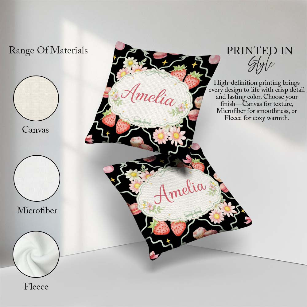 Custom Name Strawberry Cherry Daisy White Pastel Coquette Floral Square Filled Cushion Throw Pillow Sofa Bed Home Decor Zip Washable UK Made