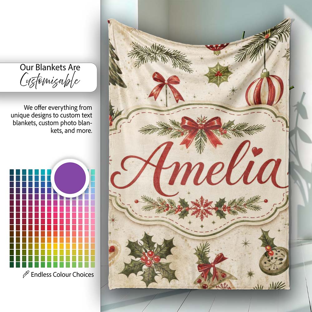 Minimal Christmas Ornaments Pine Branches and Bows Seamless Pattern Personalised Custom Name Super Soft Fleece Blanket Bed Sofa Throw