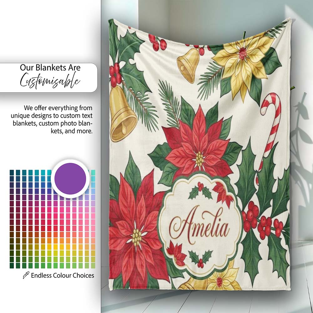 Vintage Holly Leaves Bells Poinsettia and Festive Botanical Seamless Personalised Custom Name Super Soft Fleece Blanket Bed Sofa Throw
