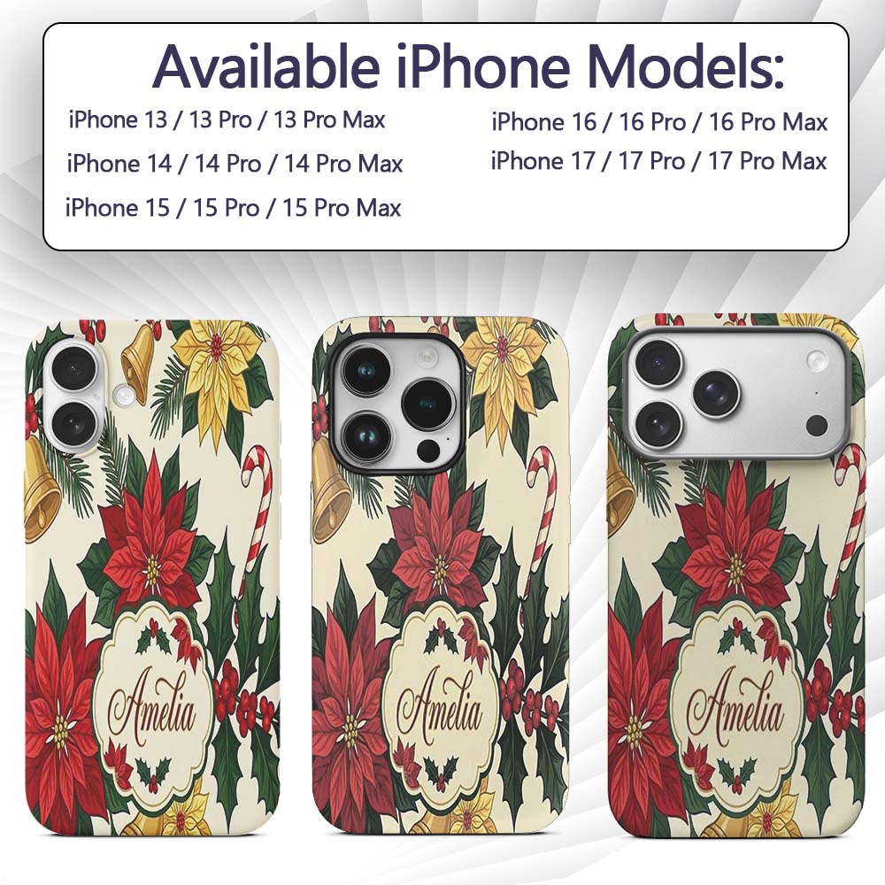 Vintage Holly Leaves Bells Poinsettia and Festive Custom Name Protective Phone Case Mobile Cover Durable Everyday Smartphone Shock Resistant