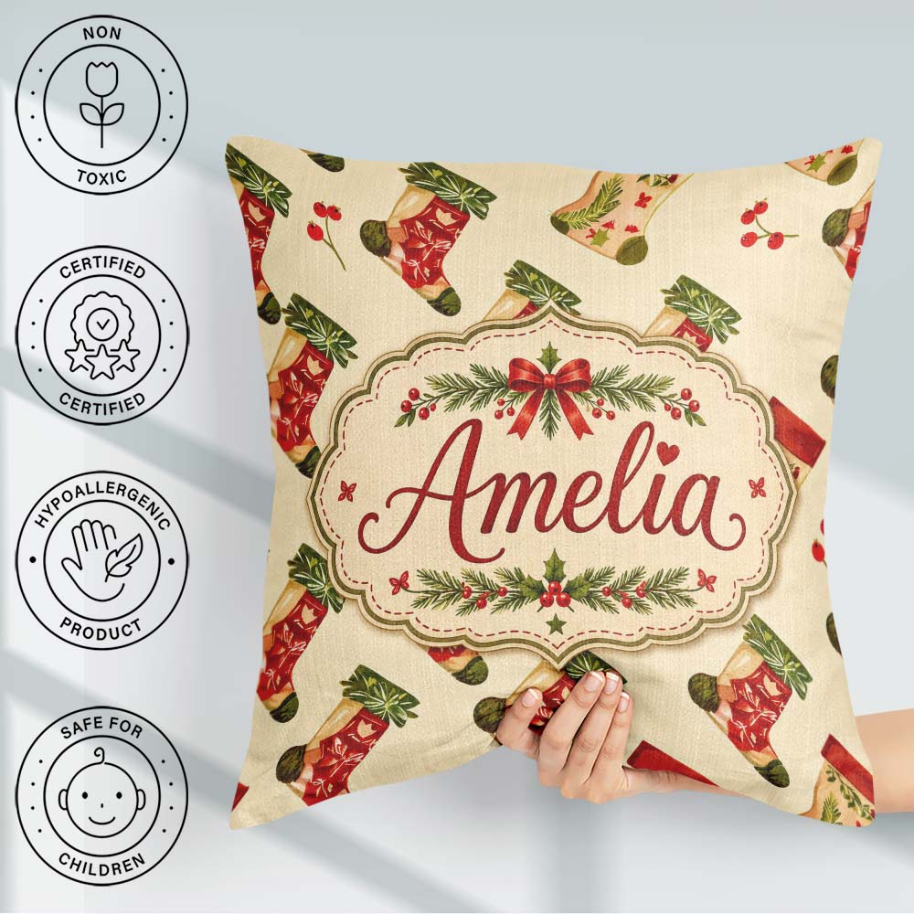 Custom Name Festive Christmas Holly Berries and Holiday Seamless Square Filled Cushion Throw Pillow Sofa Bed Home Decor Zip Washable UK Made