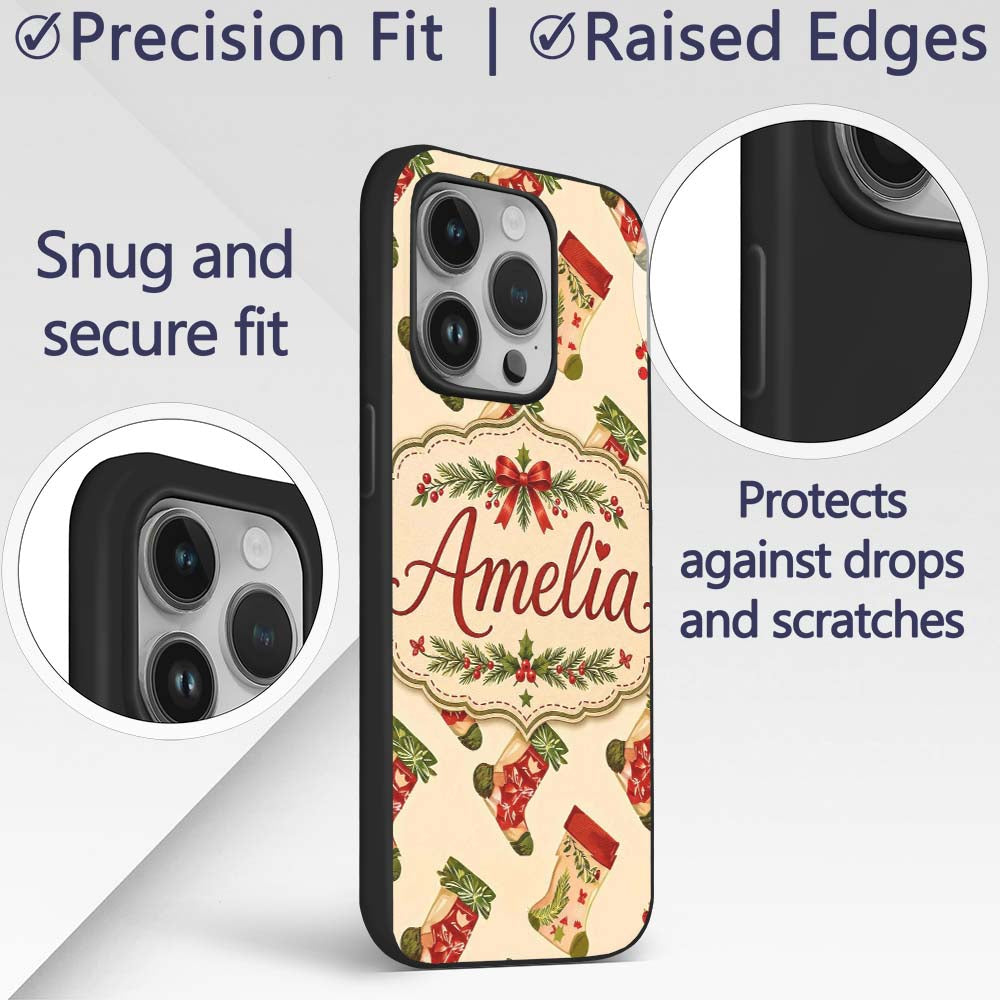 Festive Christmas Stockings Holly Berries and Custom Name Protective Phone Case Mobile Cover Durable Everyday Smartphone Shock Resistant