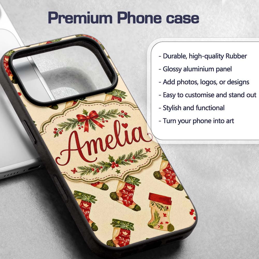 Festive Christmas Stockings Holly Berries and Custom Name Protective Phone Case Mobile Cover Durable Everyday Smartphone Shock Resistant