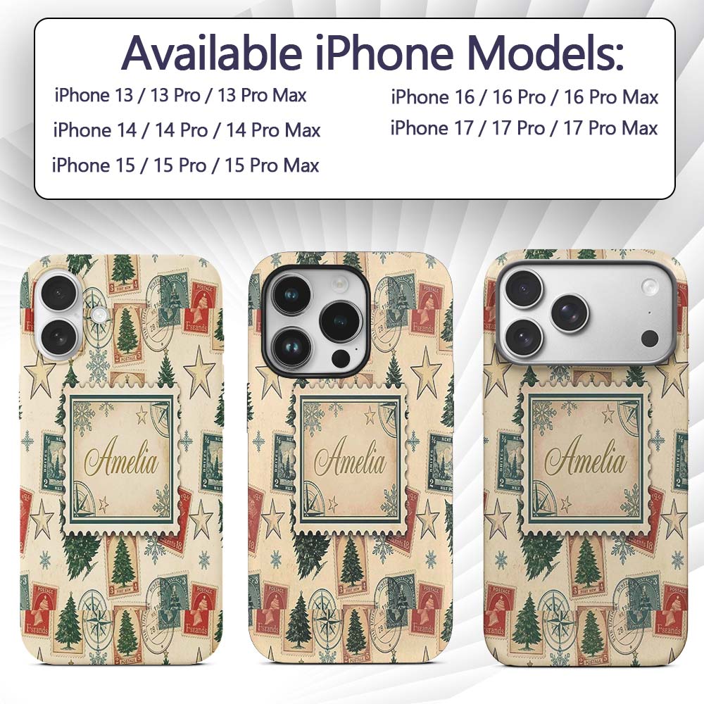 Vintage Christmas Postcards Stamps and Winter Custom Name Protective Phone Case Mobile Cover Durable Everyday Smartphone Shock Resistant