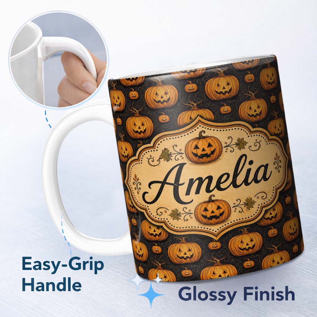 Personalized Custom Name Ornate Halloween Pumpkin Motif with Swirls on Black Background 11oz Ceramic Coffee Tea Mug White Large Handle