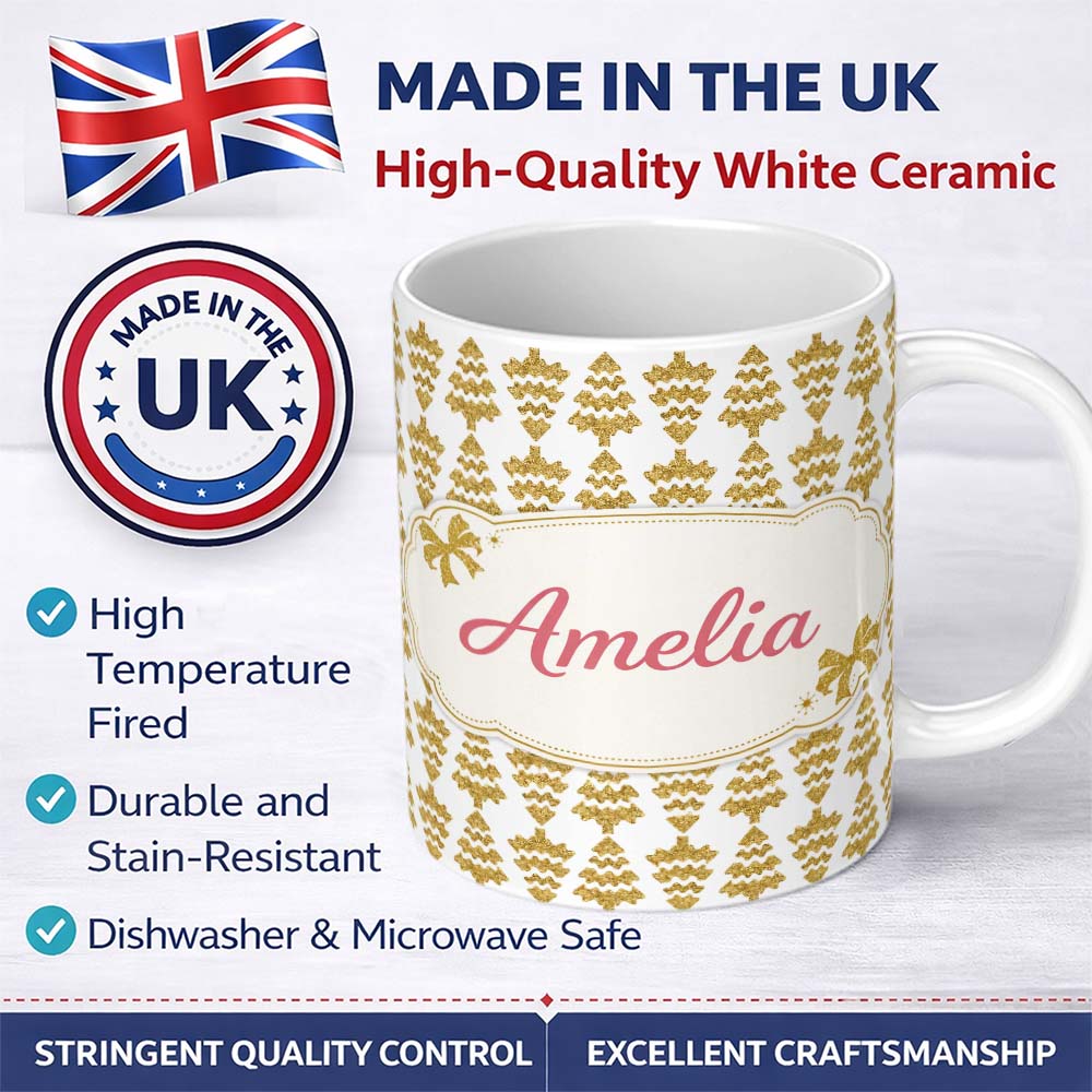 Personalized Custom Name Gold Glitter Abstract Christmas Tree Pattern Charming Kitchen Decor 11oz Ceramic Coffee Tea Mug White Large Handle