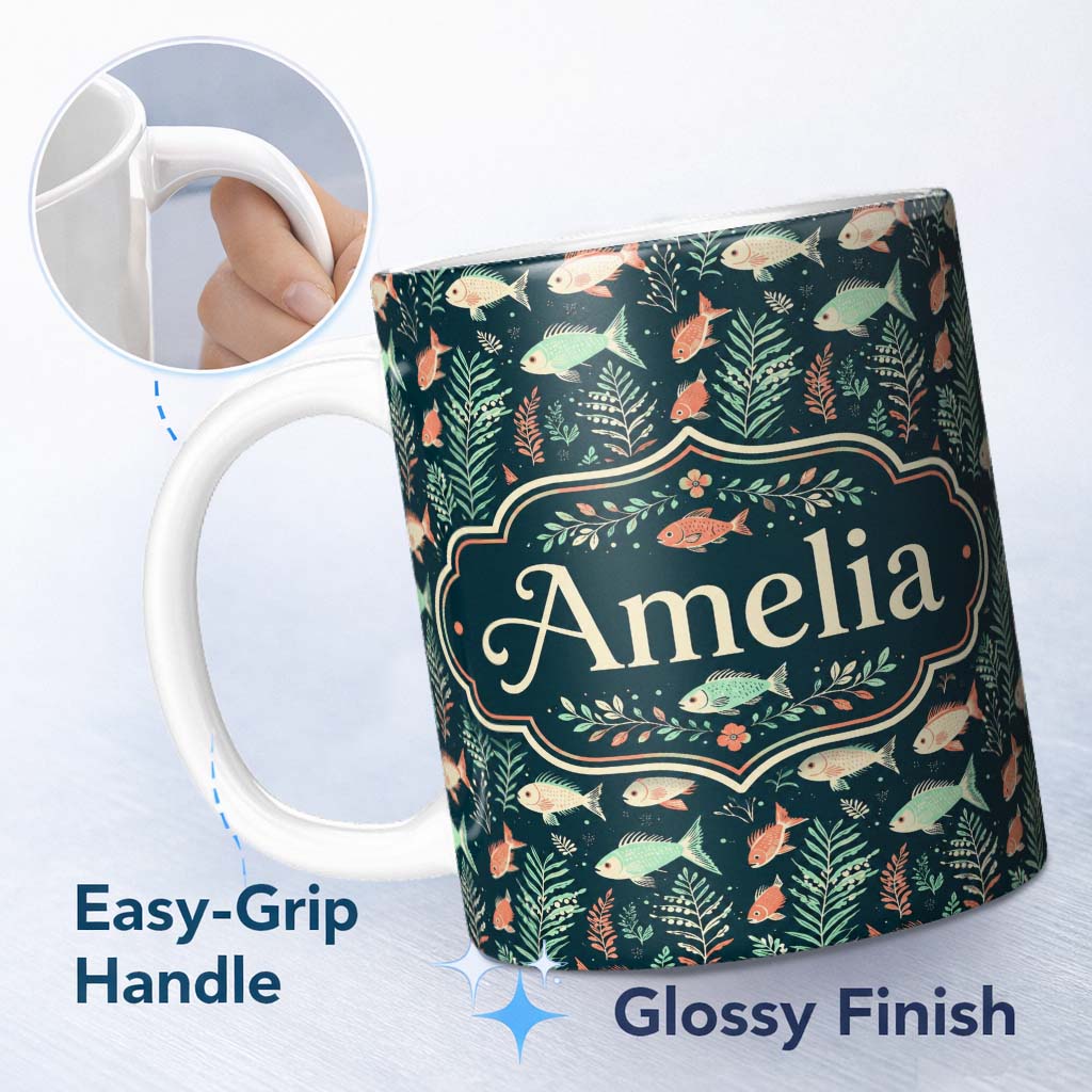 Personalized Custom Name Cute Coral and Mint Fish with Seaweed Ocean Seamless Pattern Lovely 11oz Ceramic Coffee Tea Mug White Large Handle