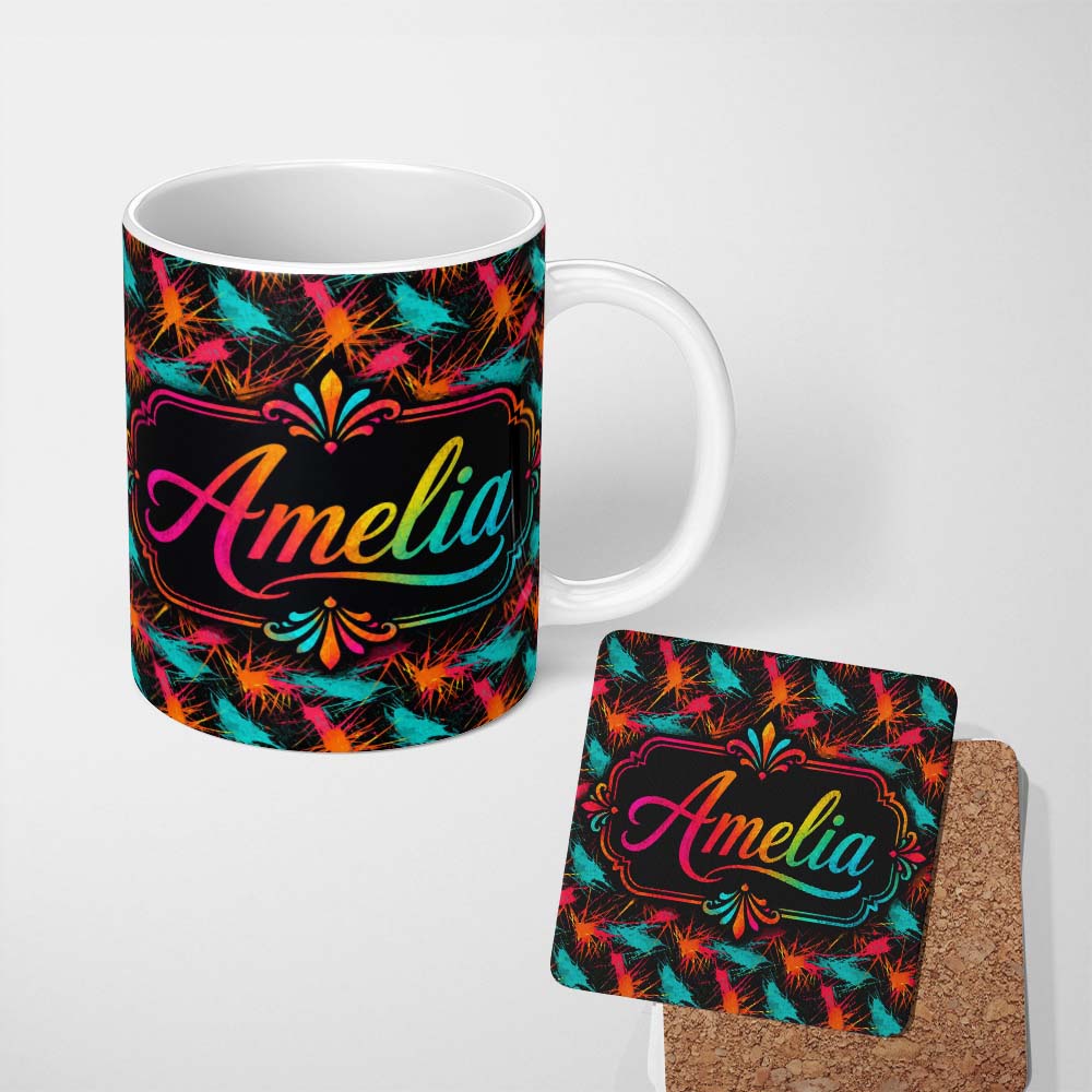 Personalized Custom Name Abstract Paint Splatter Burst Neon Seamless Pattern Cute Unique Gift 11oz Ceramic Coffee Tea Mug White Large Handle