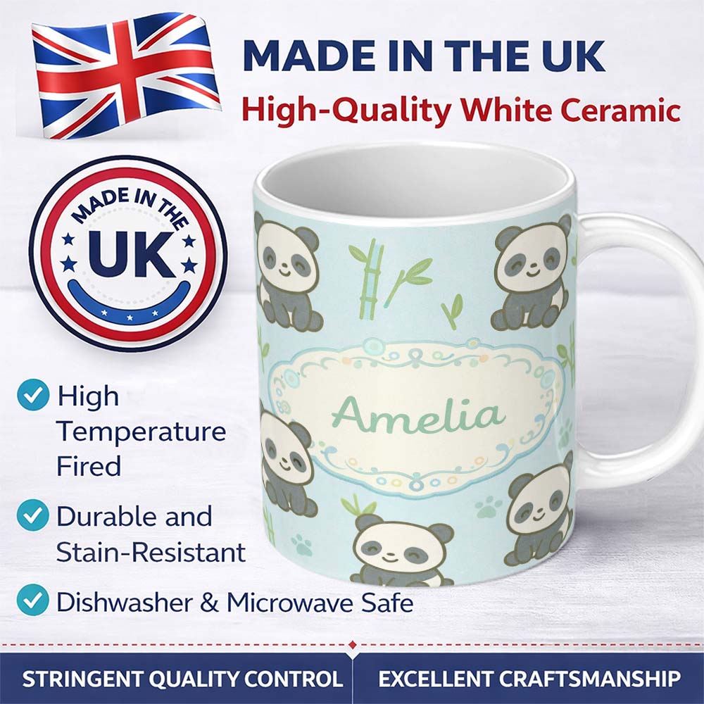 Personalized Custom Name Cute Panda Bamboo Cartoon Animal Pattern Stylish Everyday Mug Lovely 11oz Ceramic Coffee Tea Mug White Large Handle