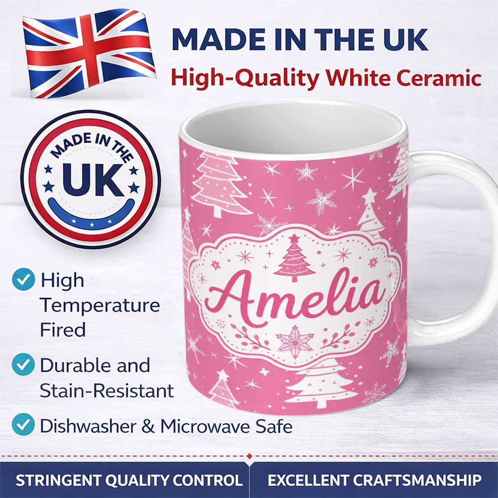 Personalized Custom Name Pink White Christmas Tree Snowflake Star Seamless Pattern Lovely 11oz Ceramic Coffee Tea Mug White Large Handle