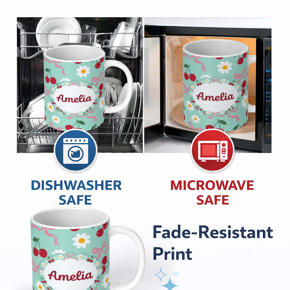 Personalized Custom Name Cute Cherry and Daisy Flowers with Pink Ribbon Bows Pattern Teal 11oz Ceramic Coffee Tea Mug White Large Handle