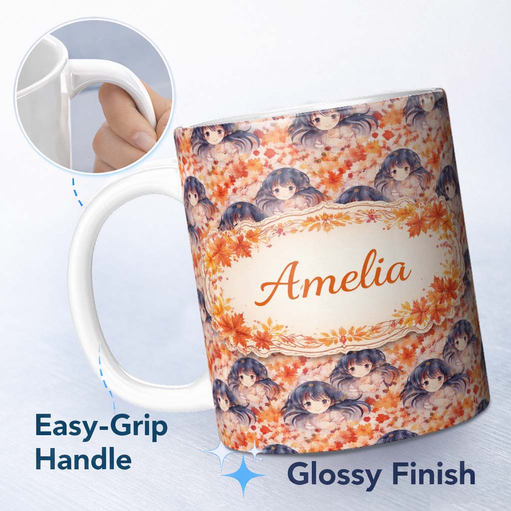 Personalized Custom Name Anime Girl Floral Orange Blue Pattern Kawaii Character Design Lovely 11oz Ceramic Coffee Tea Mug White Large Handle