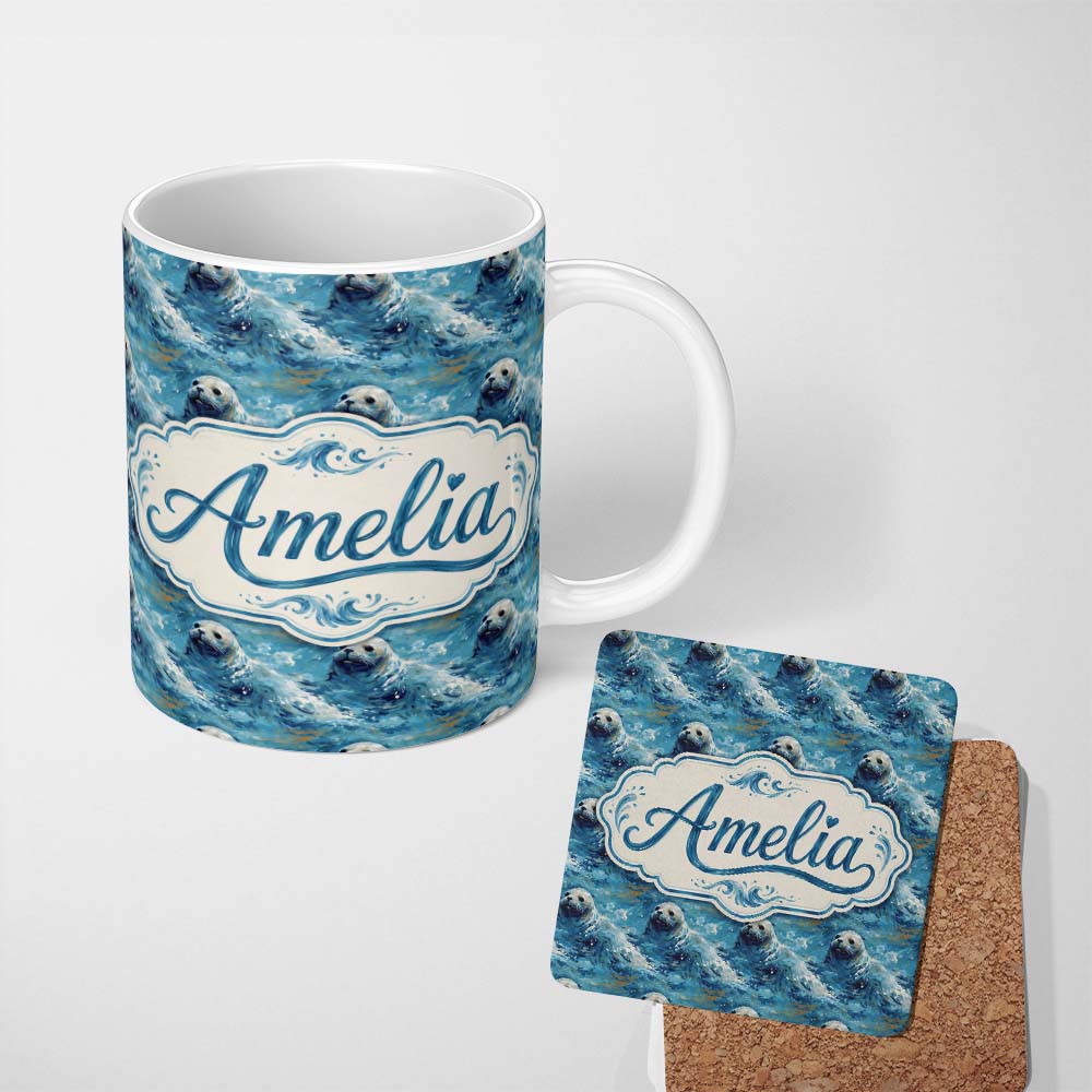 Personalized Custom Name Simple Seal Silhouettes with Leaf Motif Clean Design Seamless Lovely 11oz Ceramic Coffee Tea Mug White Large Handle