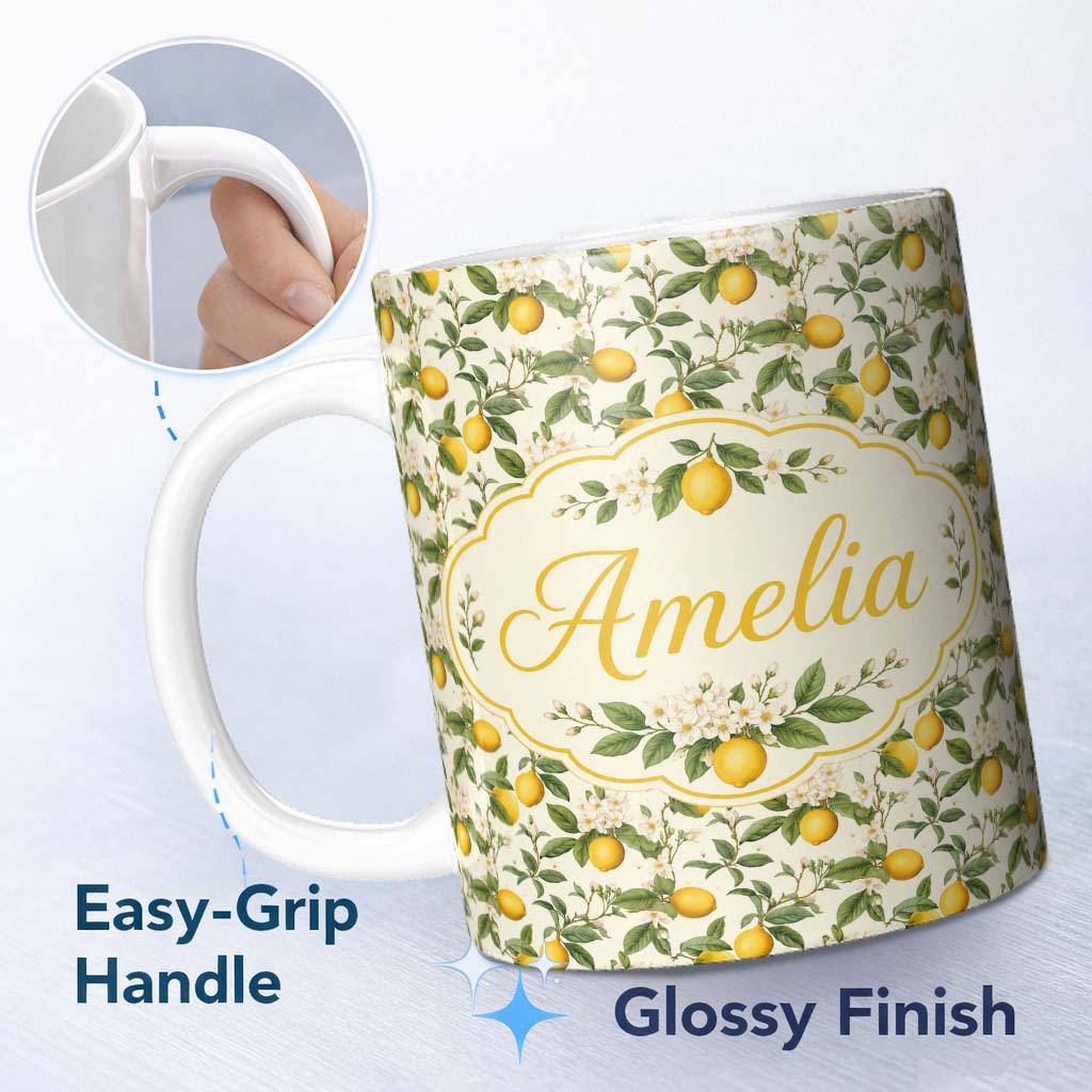 Personalized Custom Name Elegant Lemon Branches with Blossoms on Light Cream Background 11oz Ceramic Coffee Tea Mug White Large Handle