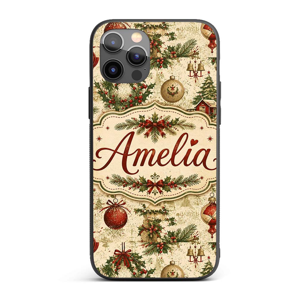 Vintage Christmas Wreaths Bells Pine Branches and Custom Name Protective Phone Case Mobile Cover Durable Everyday Smartphone Shock Resistant