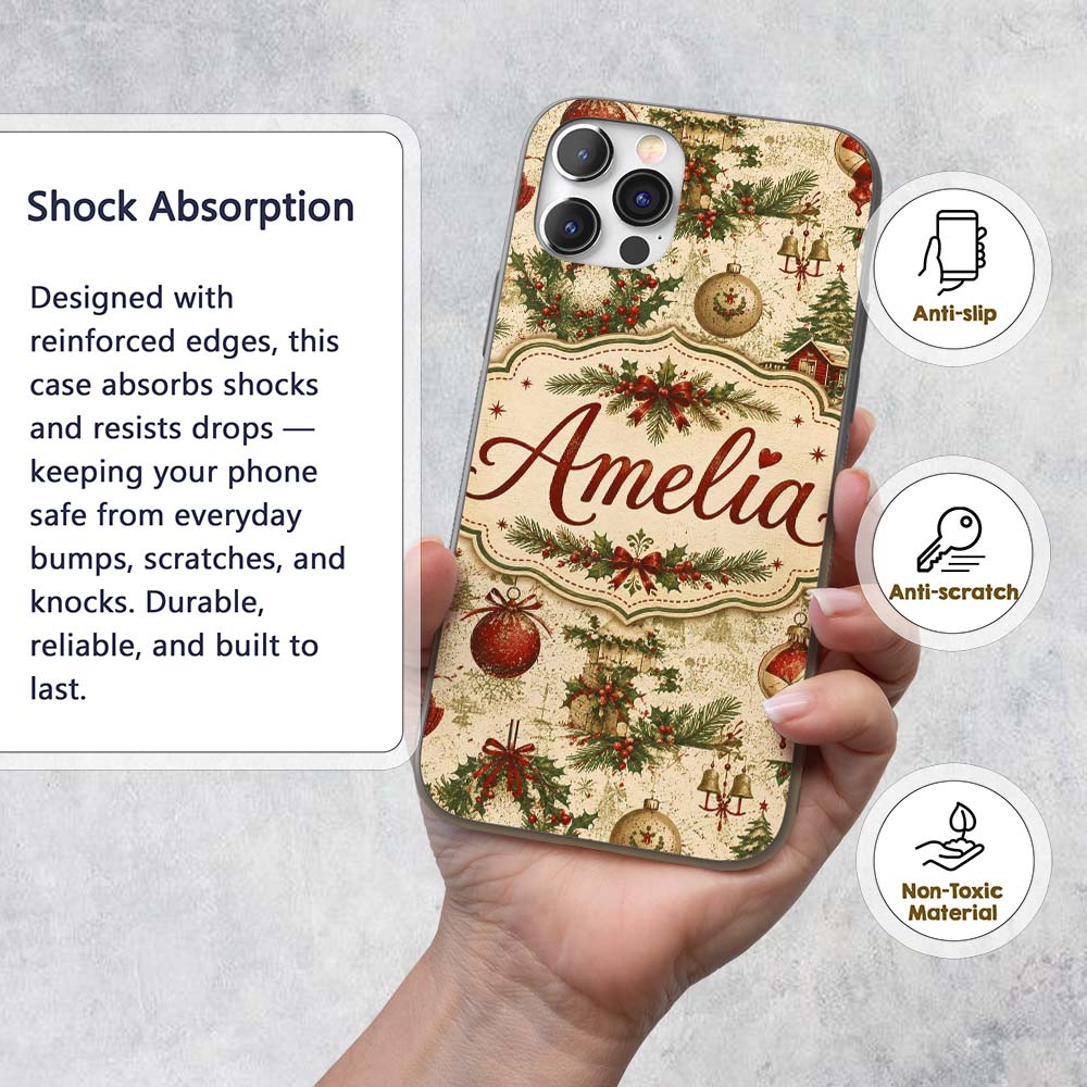 Vintage Christmas Wreaths Bells Pine Branches and Custom Name Protective Phone Case Mobile Cover Durable Everyday Smartphone Shock Resistant
