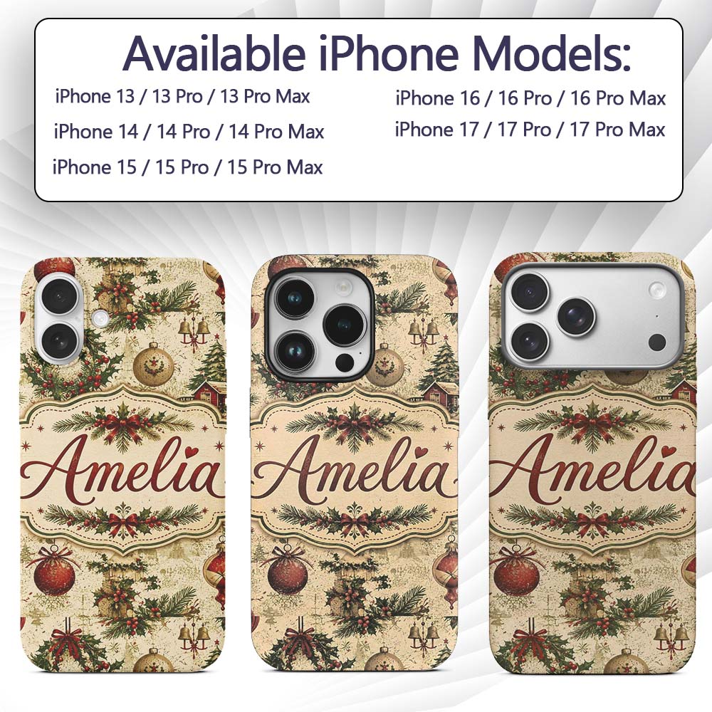 Vintage Christmas Wreaths Bells Pine Branches and Custom Name Protective Phone Case Mobile Cover Durable Everyday Smartphone Shock Resistant