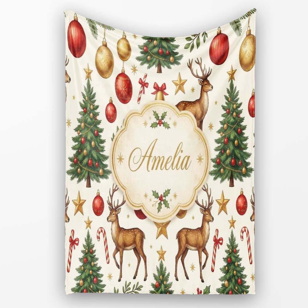 Cute Reindeer Christmas Trees Baubles and Festive Holiday Elements Personalised Custom Name Super Soft Fleece Blanket Bed Sofa Throw
