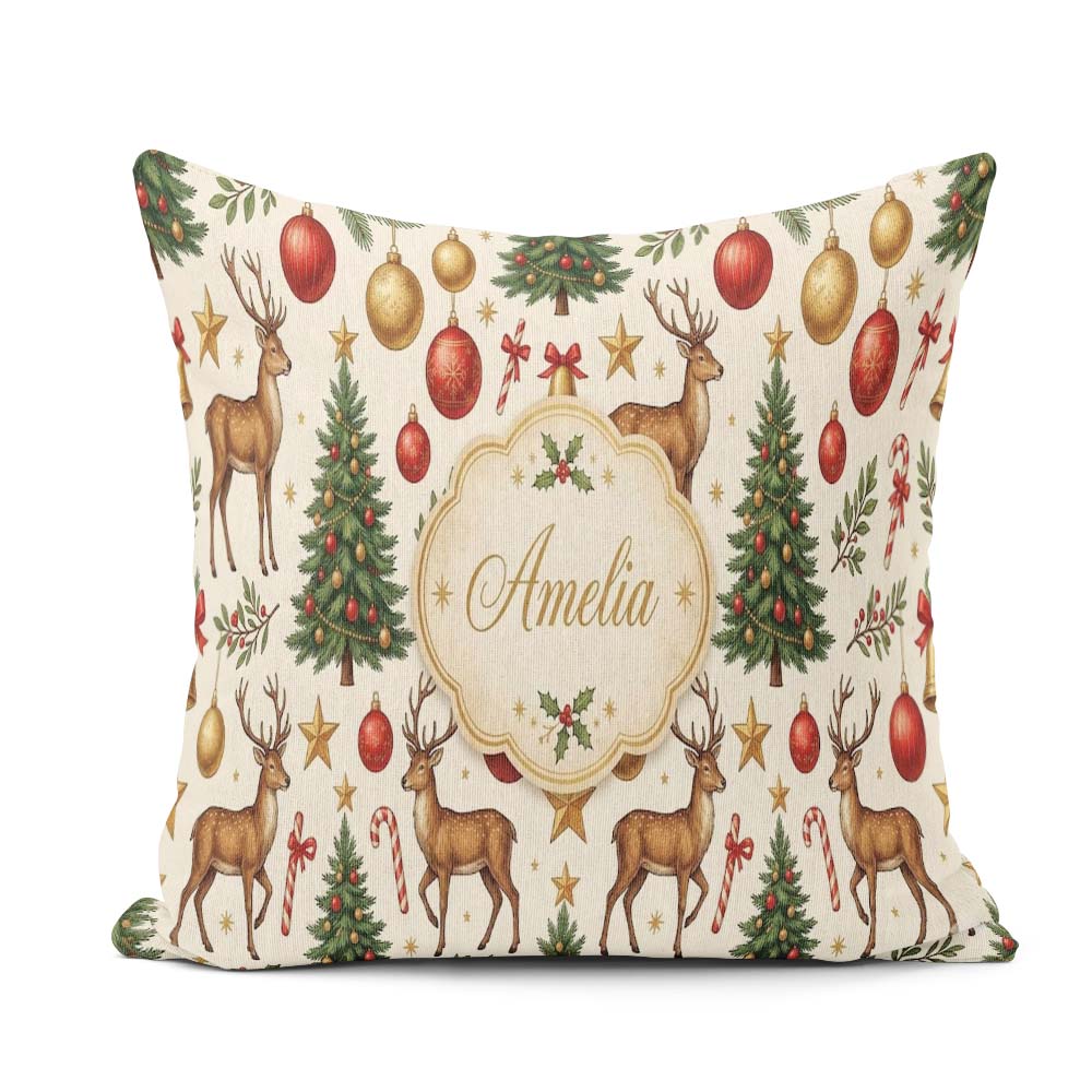 Custom Name Reindeer Christmas Trees Baubles and Festive Holiday Square Filled Cushion Throw Pillow Sofa Bed Home Decor Zip Washable UK Made