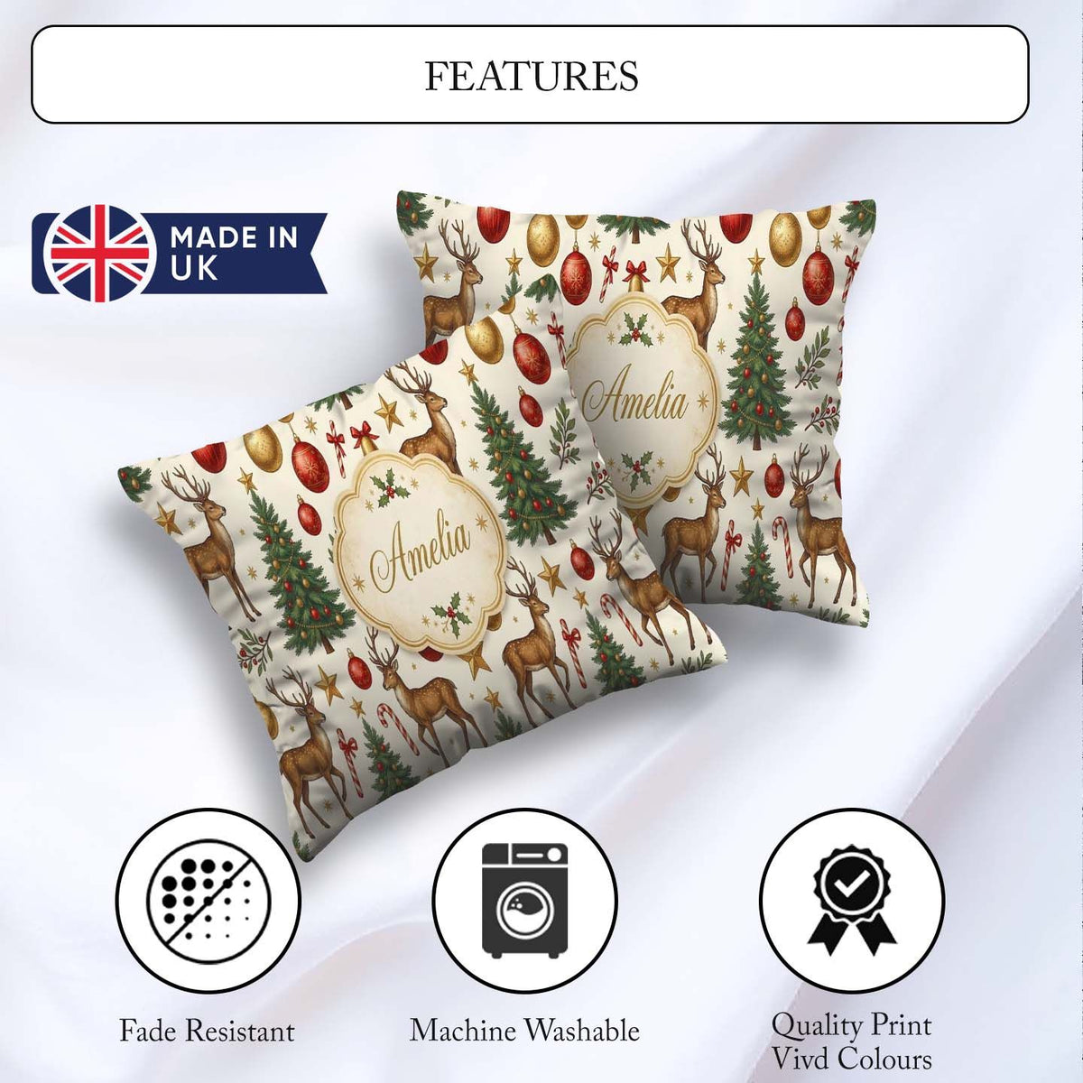 Custom Name Reindeer Christmas Trees Baubles and Festive Holiday Square Filled Cushion Throw Pillow Sofa Bed Home Decor Zip Washable UK Made