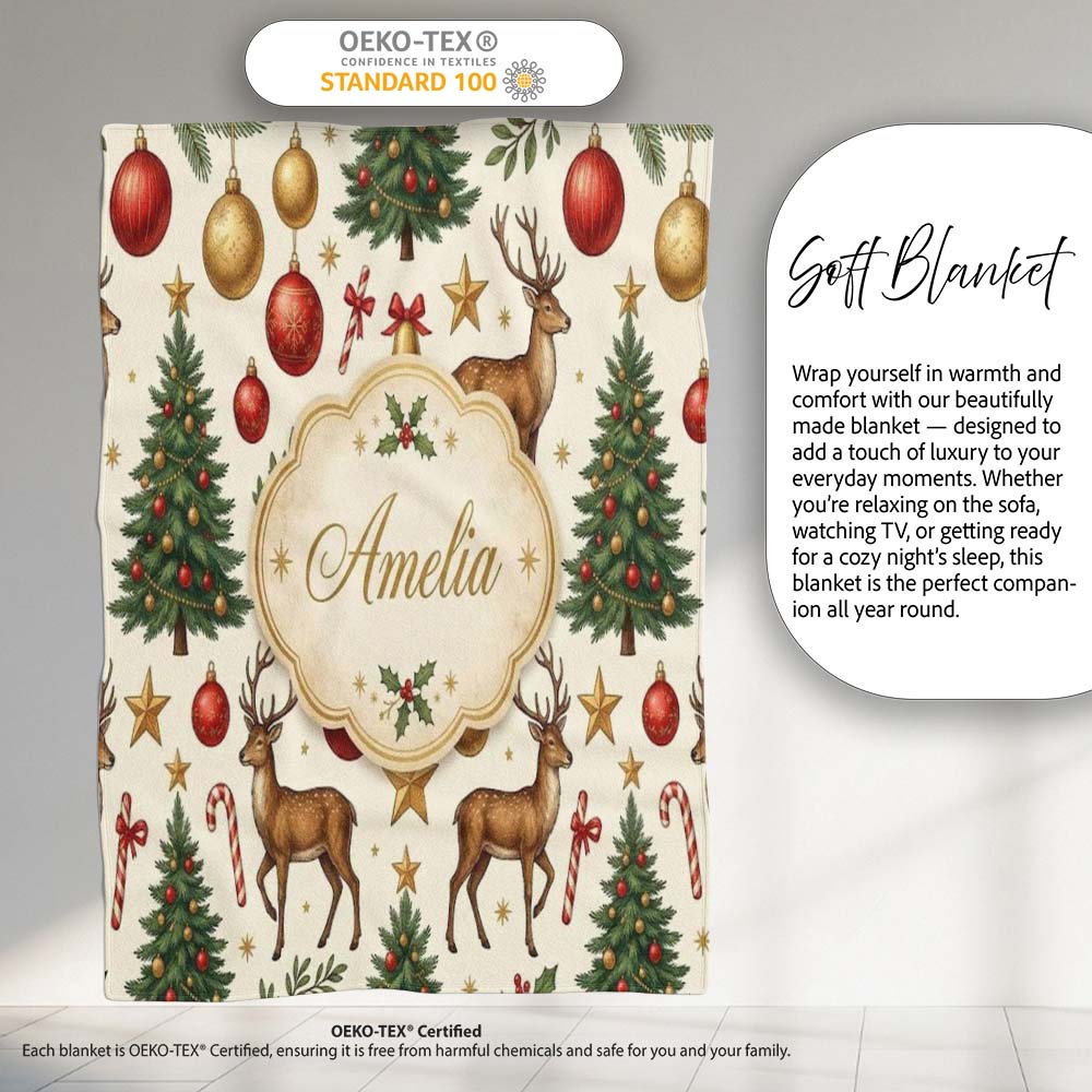 Cute Reindeer Christmas Trees Baubles and Festive Holiday Elements Personalised Custom Name Super Soft Fleece Blanket Bed Sofa Throw