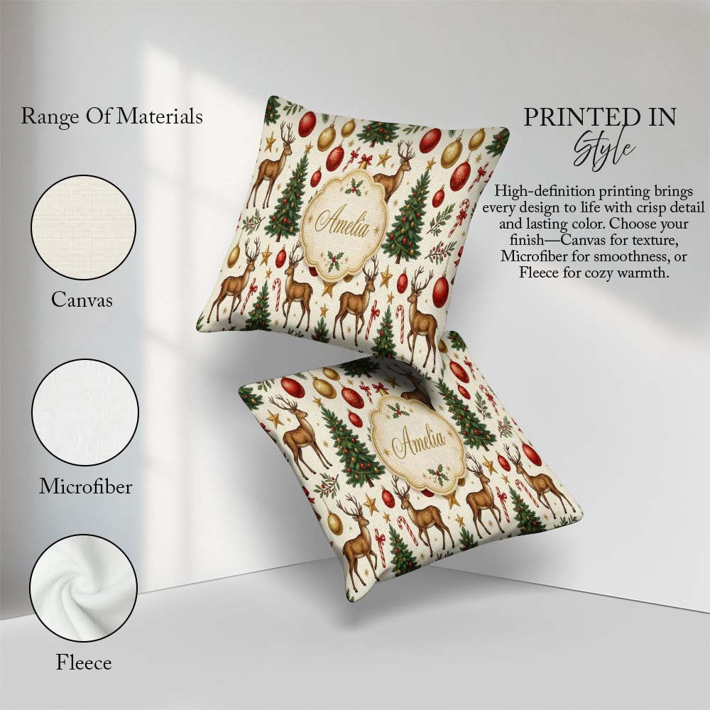 Custom Name Reindeer Christmas Trees Baubles and Festive Holiday Square Filled Cushion Throw Pillow Sofa Bed Home Decor Zip Washable UK Made